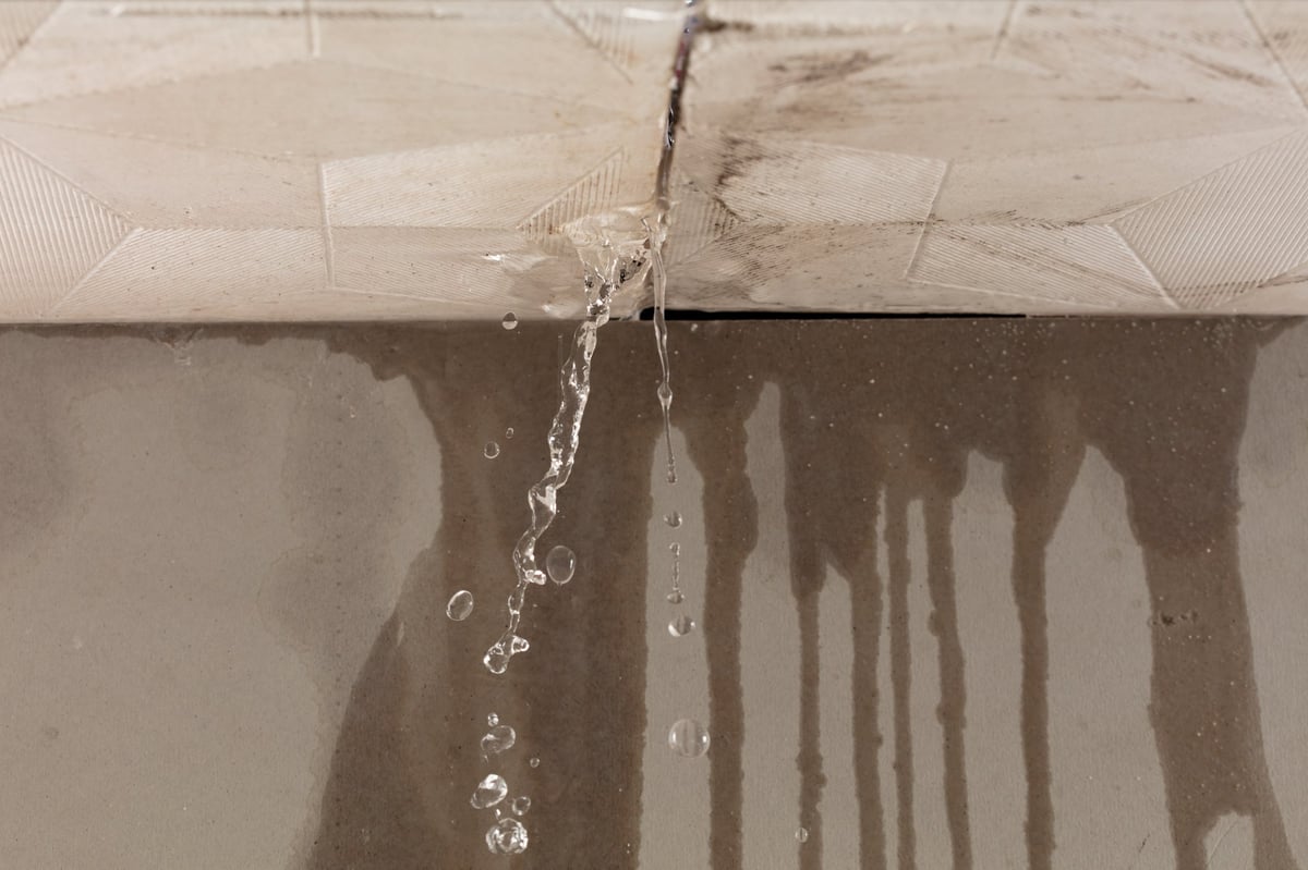 Water leaking from ceiling with dark stains spreading on wall and water droplets falling, showing clear signs of a hidden leak